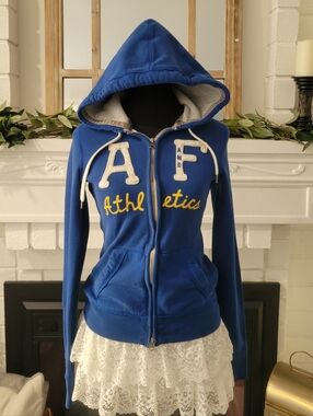 Y2k Abercrombie And Fitch Royal Blue A&F Decal Zip-Up Distressed Hoodie Size S